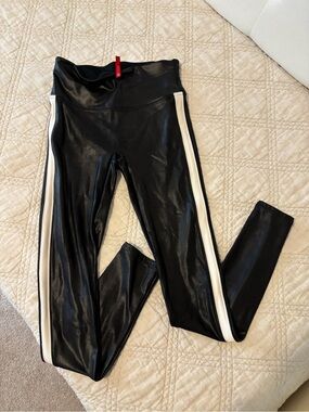 SPANX Black Faux Leather Leggings with White Side Stripes